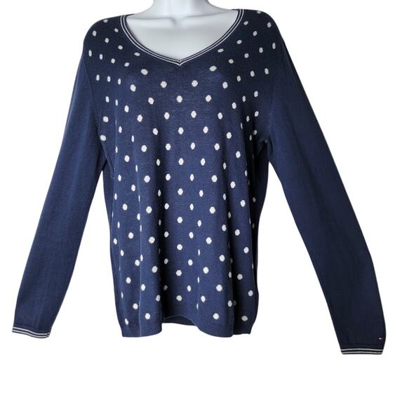 Tommy Hilfiger Navy Polka Dot Sweater Women’s Large 100% Pima Cotton V-Neck - Picture 1 of 9